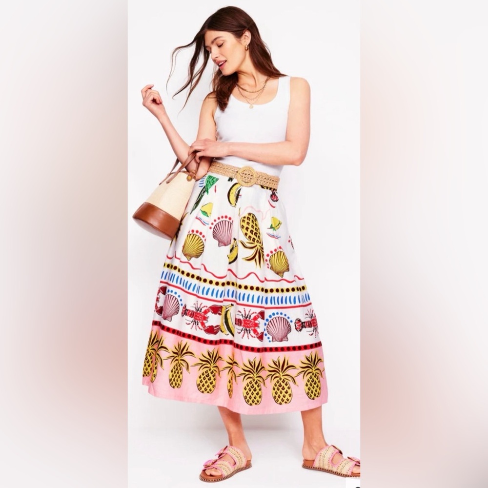 NWOT Boden 100% Linen Midi Tropical Skirt Fruit Print Lobster Vacation Resort